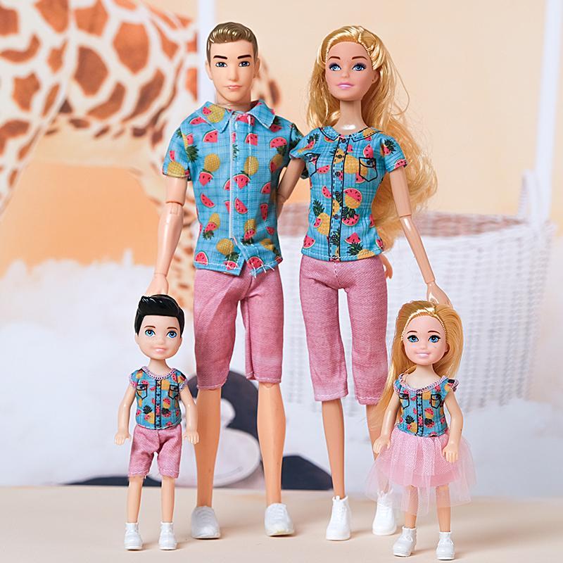 1/6 Barbi Doll Toy Family Doll Set of 4 People Mom Dad Kids 30cm Barbies Doll Full Set With Clothes for Education Birthday Gift