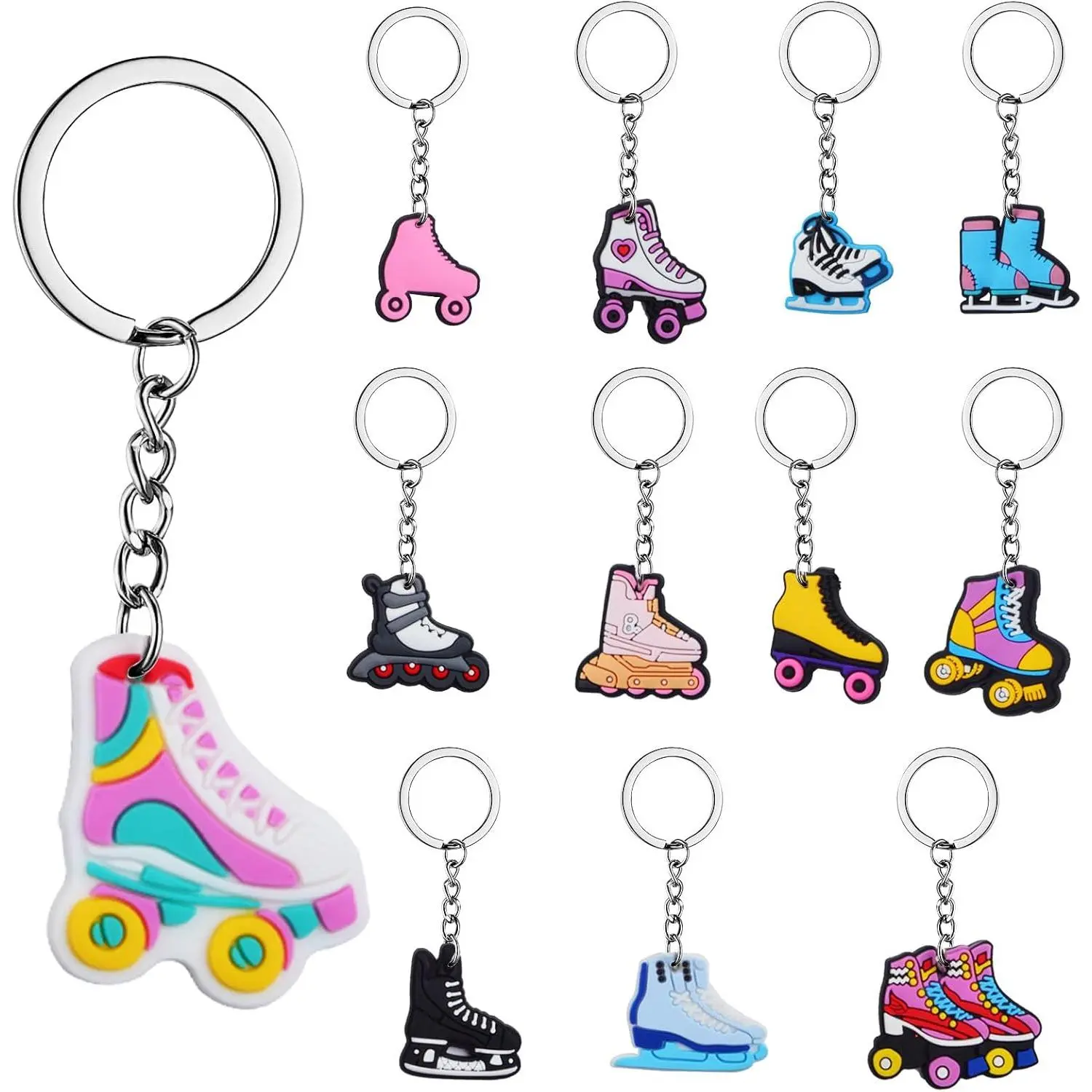12 count Roller Skate Keychains, Cute Mini Roller Skating Party Favors Bulk, Retro 80s 90s Soft PVC Bag Charms for Backpacks Purses ,  Hop Birthday Decorations & Goodie Bag Stuffers - 12 Styles