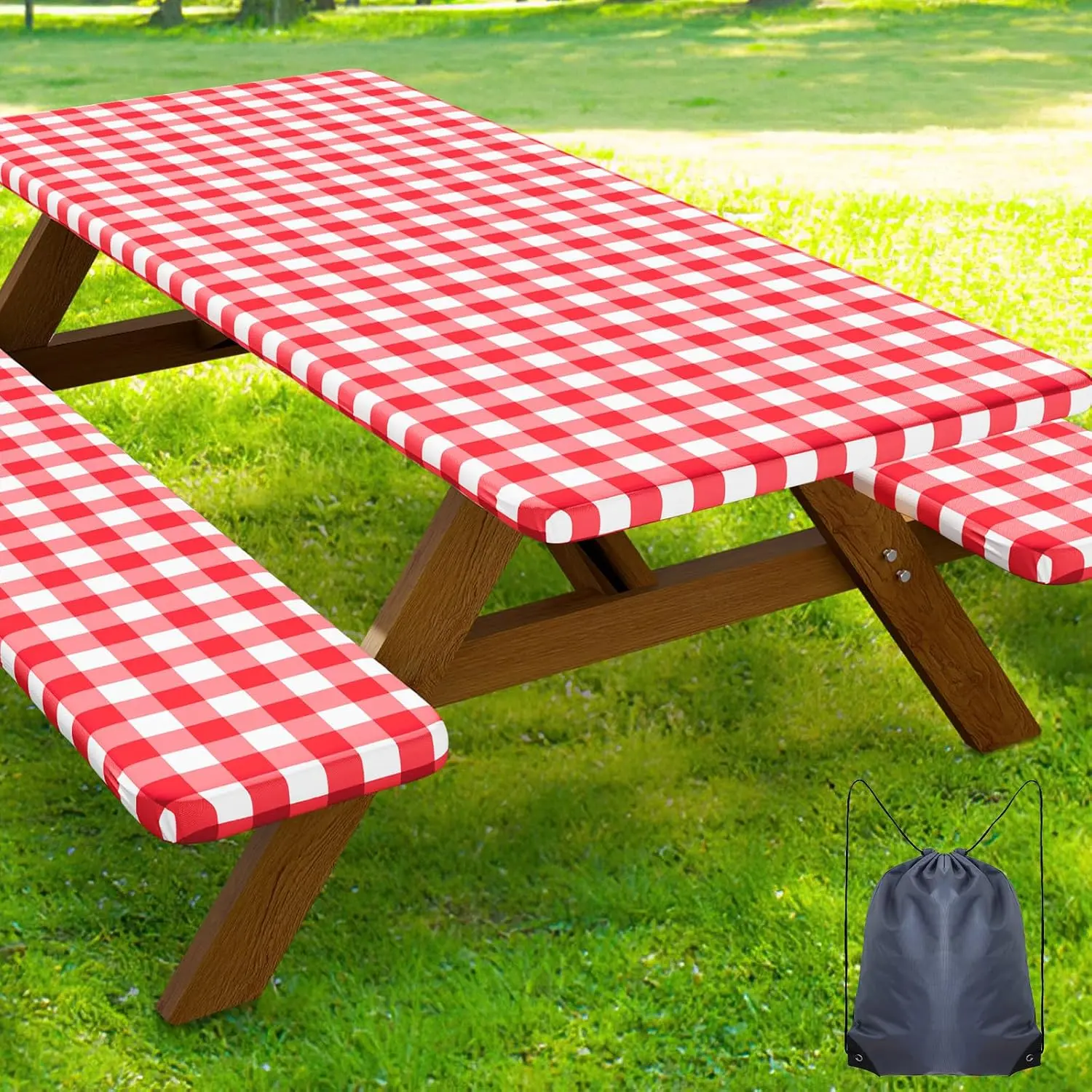 Picnic Table Cover with Bench Covers, Waterproof Elastic Fitted Tablecloths for 6 Foot Rectangle Tables, Washable Buffalo Plaid Tablecloth for Camping & BBQ (Red & White, 30"x72")