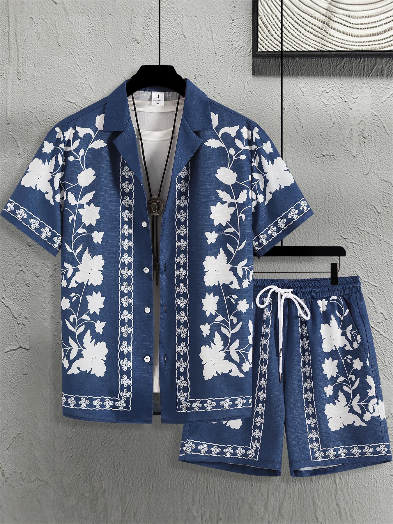 Men's Ethnic Pattern Button Front Shirt & Shorts Loungewear Two-Piece Set, Casual Comfy Short Sleeve Top & Shorts PJ Set, Men's Sleepwear for Summer