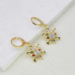 Gold Plated Colorful Cubic Zirconia Turtle Dangle Earrings Cute Animal Click Top Huggie Hoop Drop Jewelry For Women 3cm Length