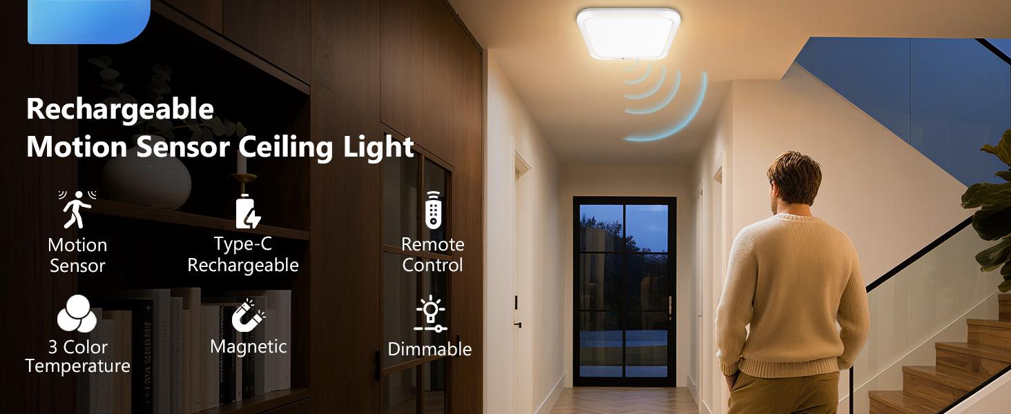 Rechargeable Motion Sensor Closet Light with Remote, Wireless Battery Operated Ceiling Light Magnetic Mount, Rechargeable LED Shower Light No Wiring for Indoor, Shower, Stairs, Shed, Hallway, Porch