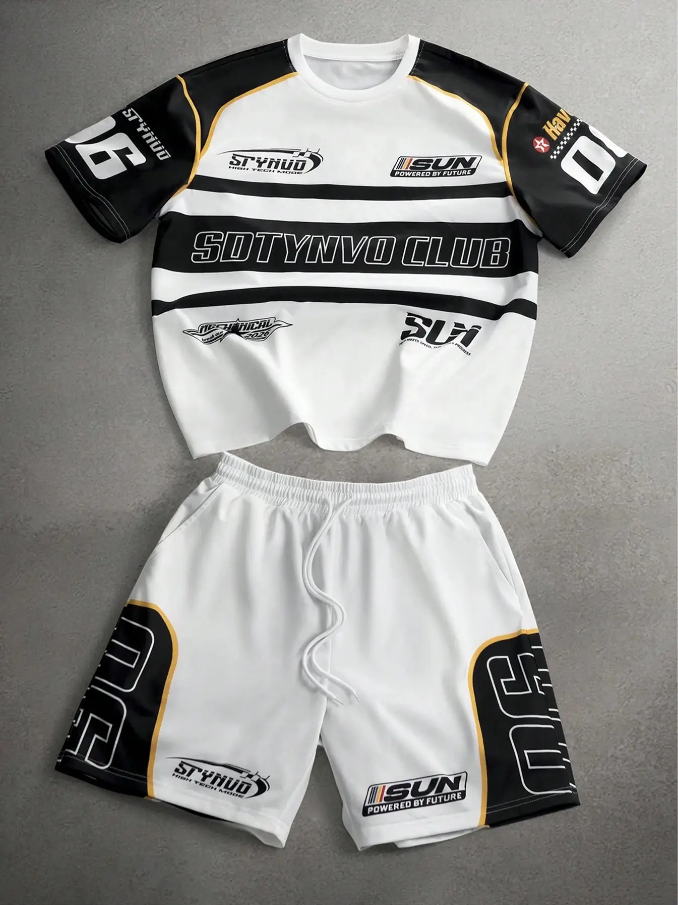 Men's Motorcycle Racing Style Print Suit, Summer Streetwear Loose-Fit Short Sleeve and Shorts Set, Retro Sporty Casual Two-Piece
