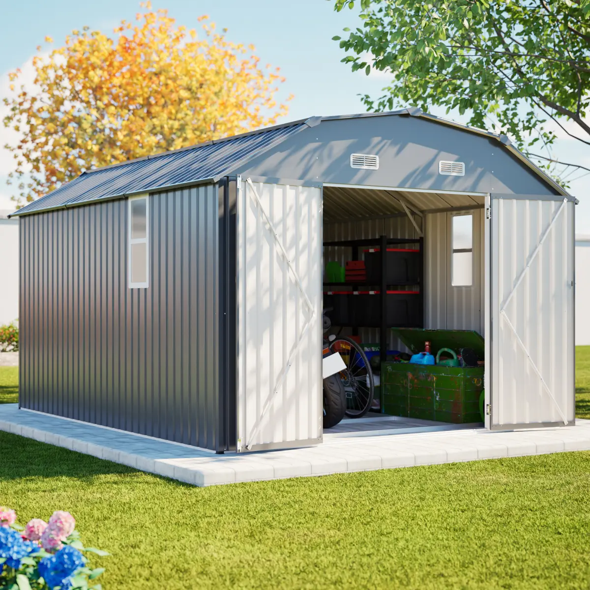 10x12 FT Gray Outdoor Storage Shed – Heavy-Duty Rust-Resistant Steel Tool Shed with Floor Frame Kit, Reinforced Metal Construction, Weatherproof Garden Storage for Backyard & Patio