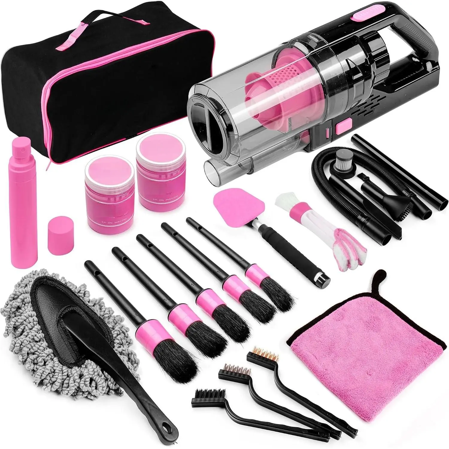 17 count  Cleaning Kit,   Interior Detailing Kit with High Power Handheld Vacuum, Detailing Brush Set, Windshield Cleaner, Cleaning Gel, Complete Auto Accessories for Women