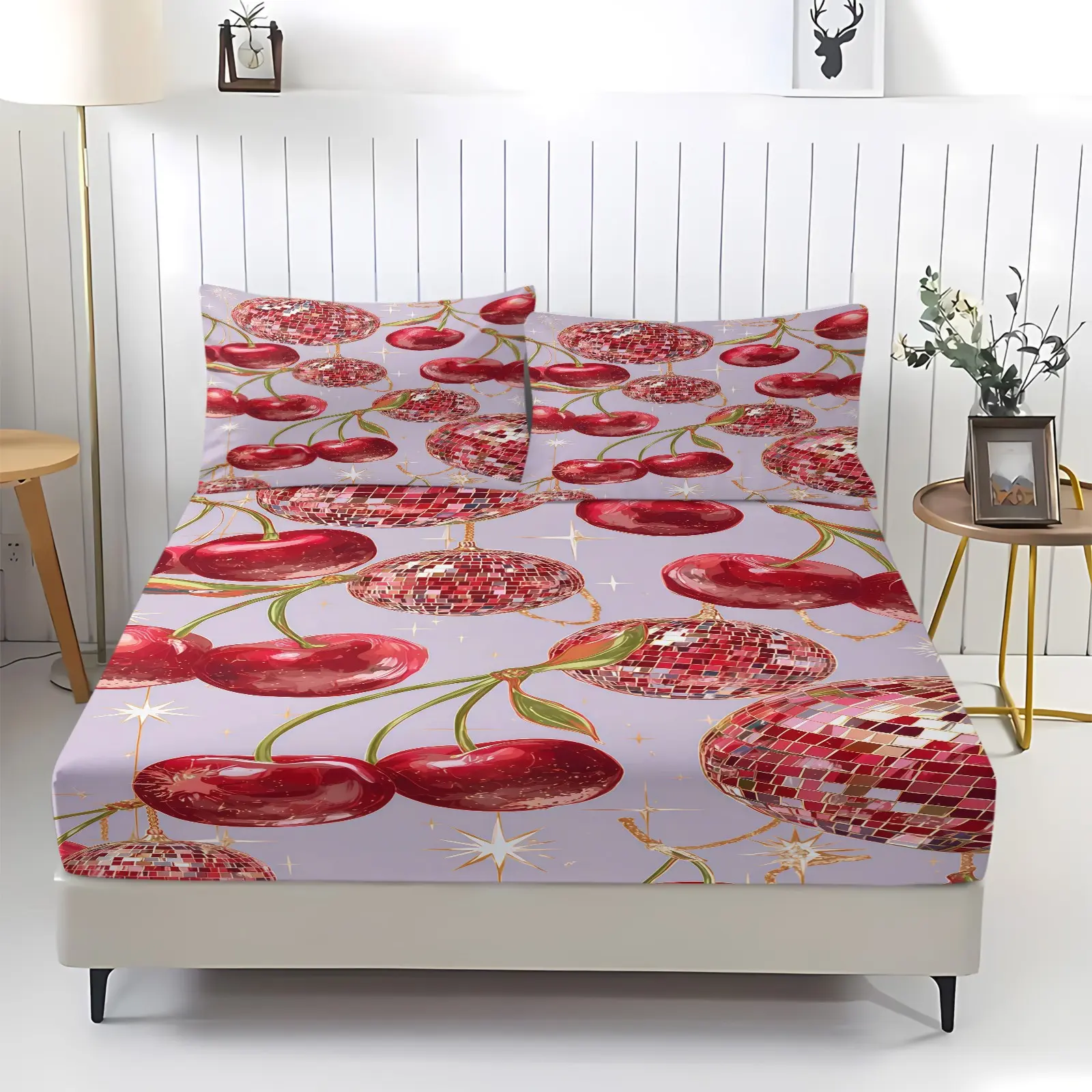 3-Piece Cherry Pattern Fitted Sheet Set, Soft And Comfortable Bedding Set, Including 1 Sheet And 2 Pillowcases (Pillow Inserts Not Included), Suitable For Teenagers And Adults, Bedroom, Apartment, Dormitory Scene