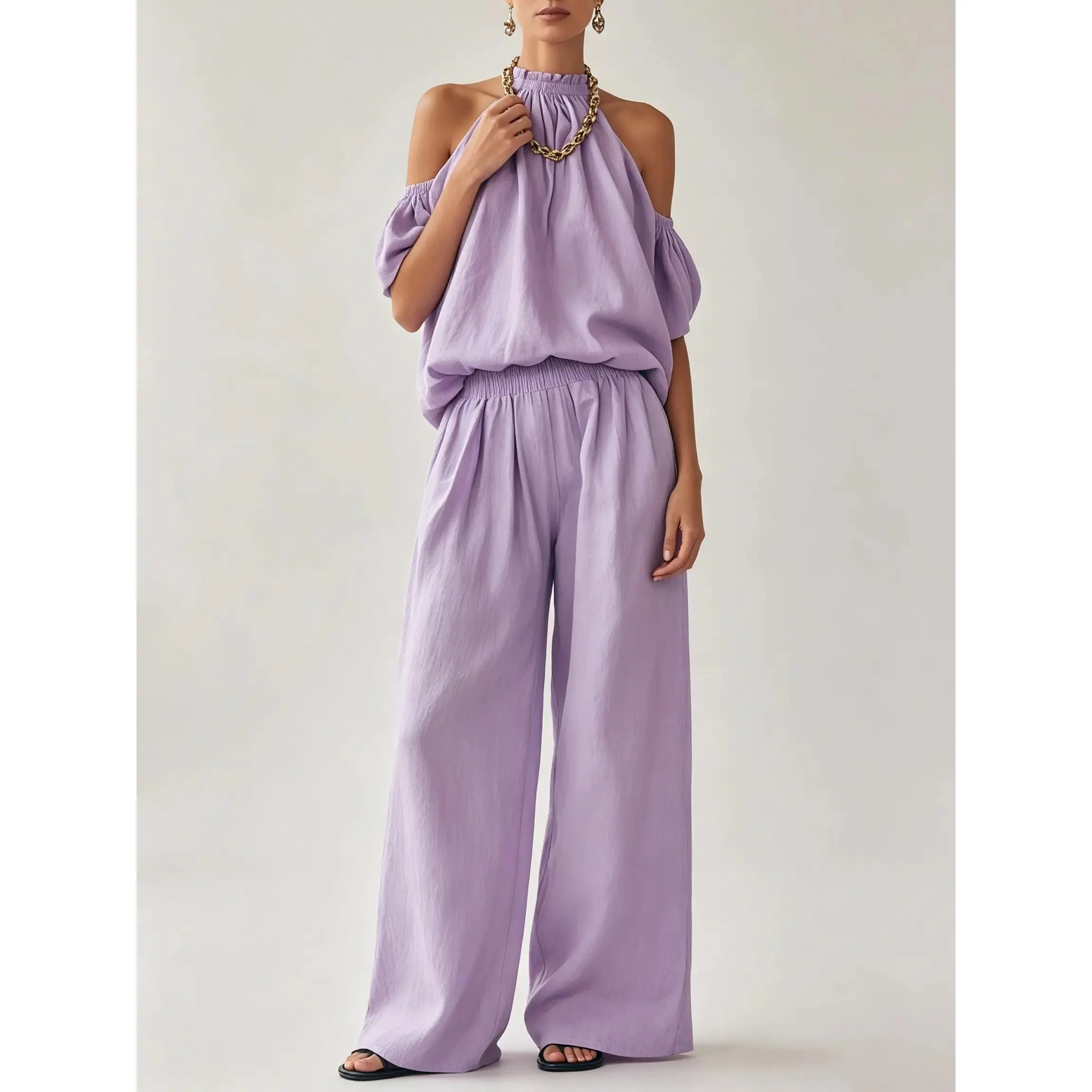 Women's 2-Piece Co-ord Set, Cold Shoulder Halter Top with Short Puff Sleeves & High-Waisted Wide Leg Flowy Trousers, Elegant Casual 2026 Summer Women's Clothes for Vacation Resort Lounge