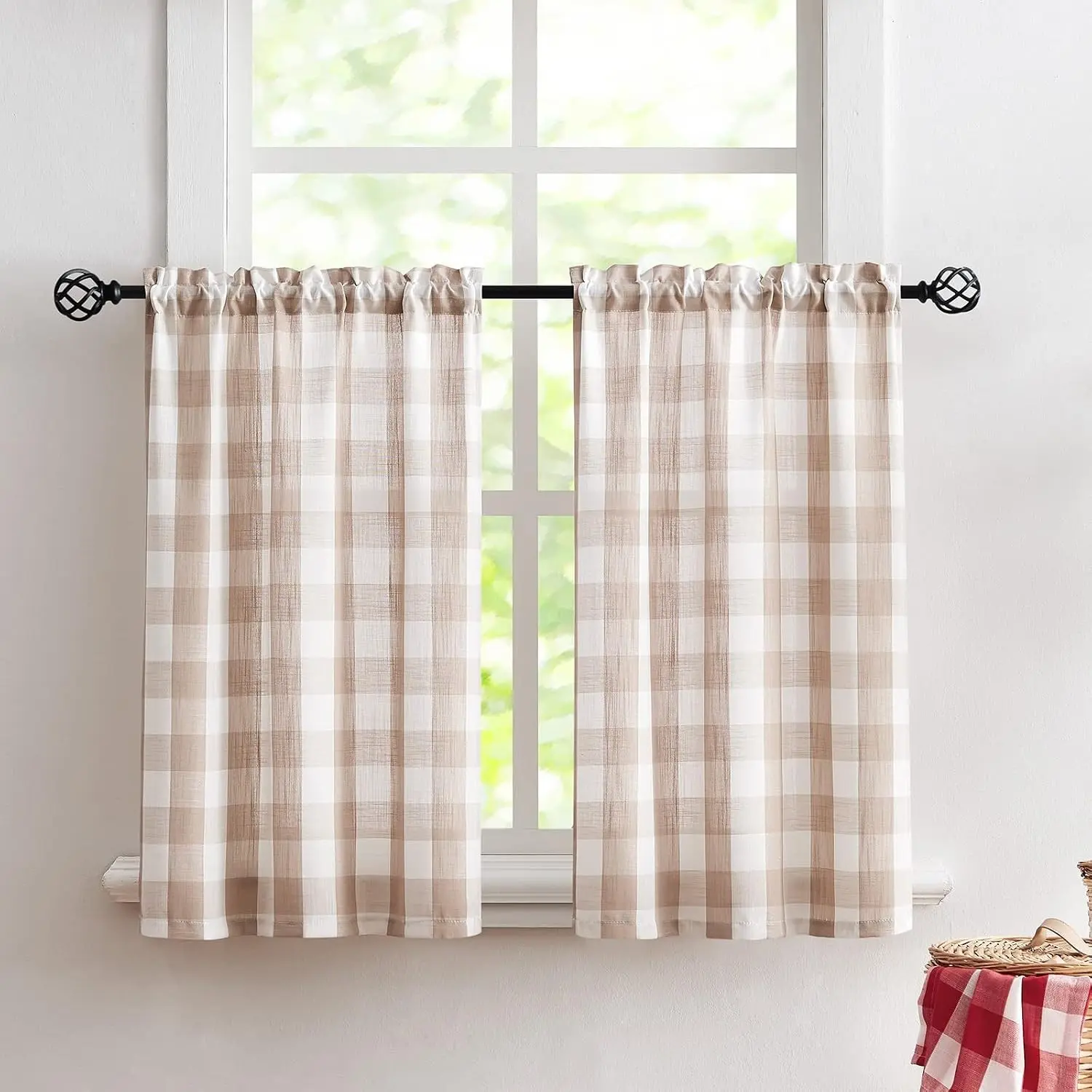 Buffalo Plaid Kitchen Curtains 36inch Taupe Tier Curtain Set for Laundry Basement Small Window Curtain Panels Café Curtains 27" w x 36" l 2pcs