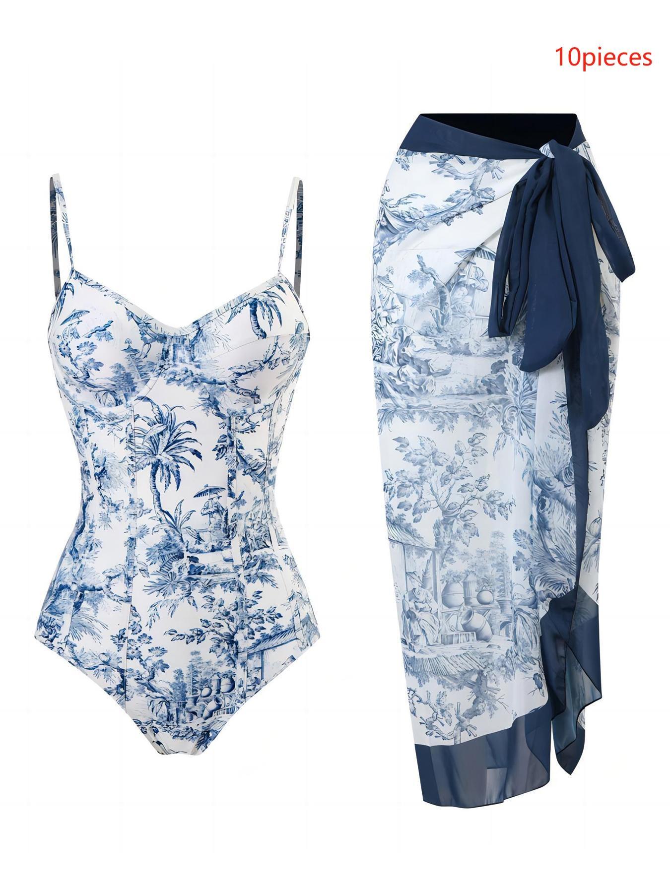 Women's Plants Print Cami Bodysuit & Contrast Mesh Skirt Set, Summer Clothes Women Elegant Spaghetti Backless Camisole & High Waist Knot Detail Skirt, Valentine's Day Gift