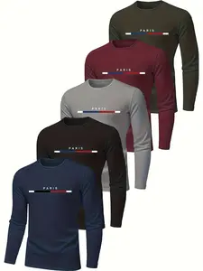 5 Pack Men's Long Sleeve T-Shirts, Breathable Polyester, Paris Print, Loose Fit, All Season Wear, Sporty Style, Solid Pattern