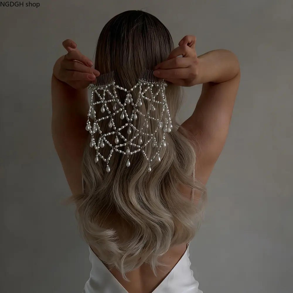 Bridal Pearl Net Hair Comb Teardrop Pearl Tassel Hairpiece Mesh Beaded Headpiece Wedding Back‑Head Hair Accessory for Bride Bridesmaid Prom Evening Party Photoshoot