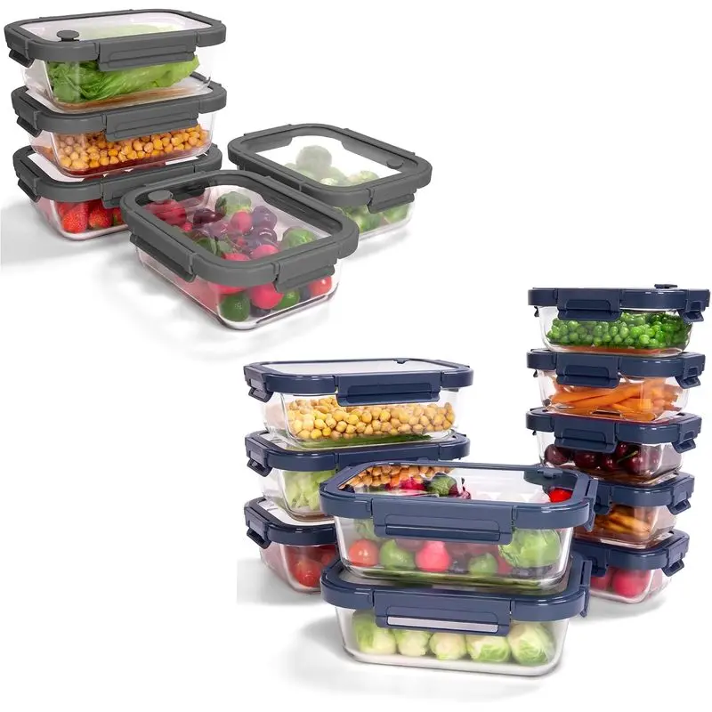 15-Pack Glass Food Storage Containers with Tempered Lids – Borosilicate, Airtight, Oven-Safe (-4°F~950°F), BPA-Free, 4.4 & 1.6 Cup, Leak-Proof, Dishwasher Safe (Gray&Blue)
