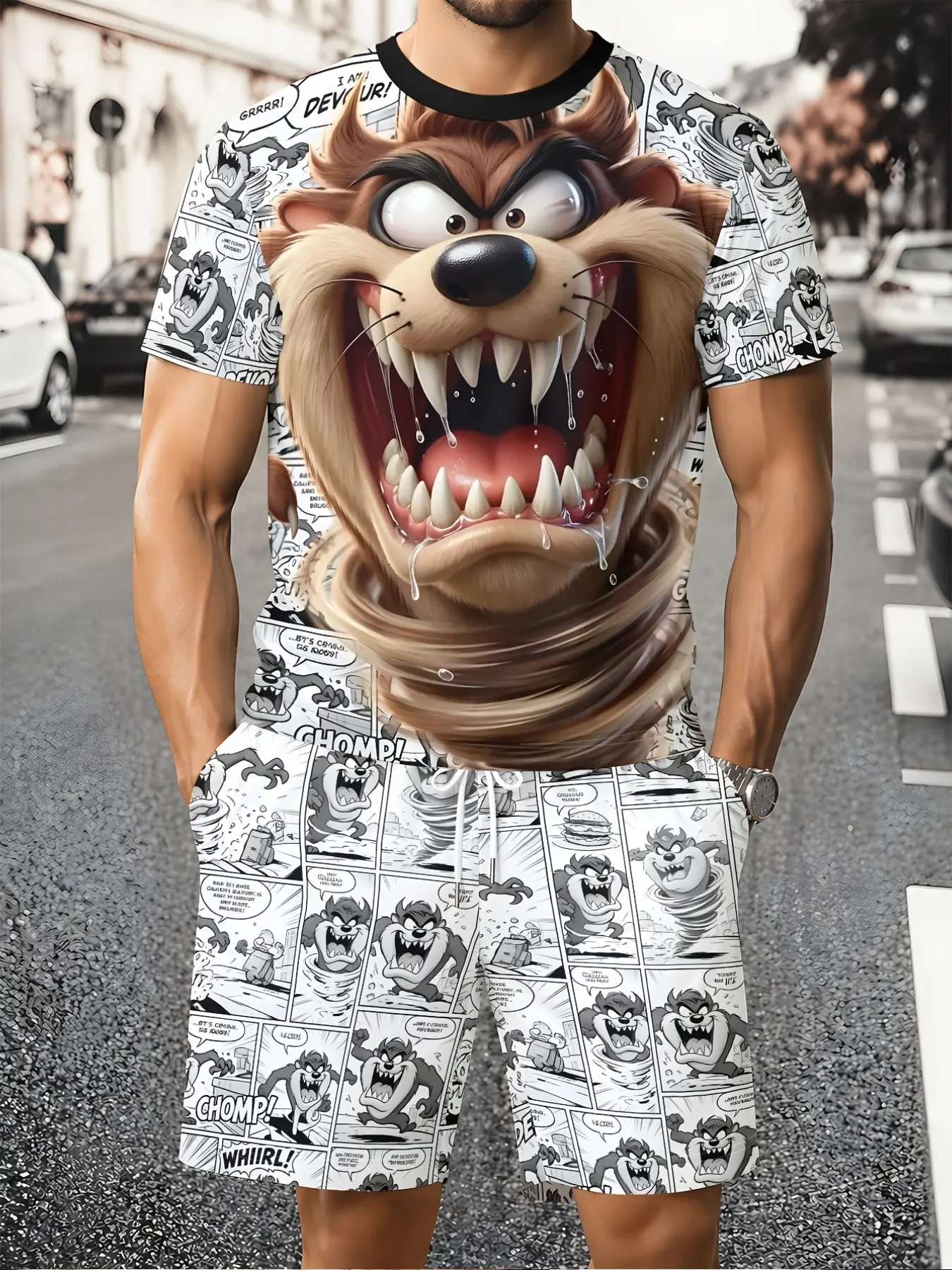 Warner Bros. Looney Tunes Taz Retro Cartoon Men's Set, and Full Print, Casual Fitted Short Sleeve and Shorts, All over Print Style