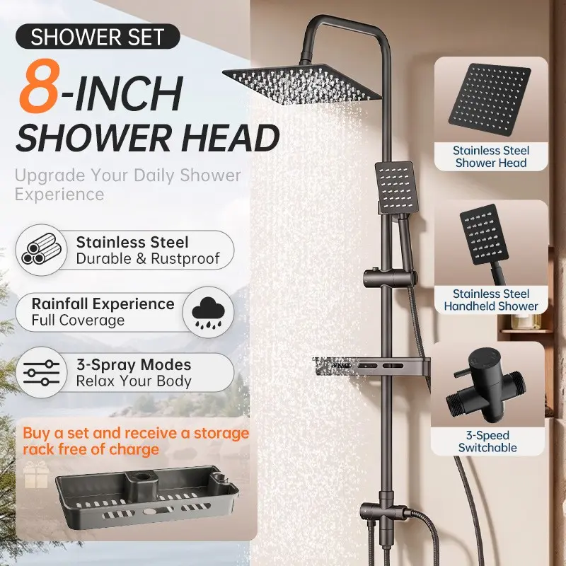 Shower System with 8-Inch 304 Stainless Steel Square Shower Head, 3-Function Divert Valve, Adjustable Height Rod, Free Storage Rack, Complete Shower Set