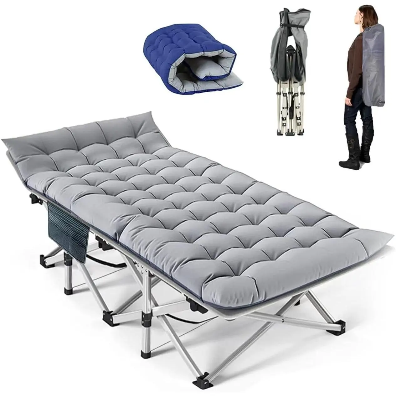 Heavy Duty Camping Cot for Adults with Mattress, 10-Leg Portable Folding Cot, Extra Stable Sleeping Cot for Camping, Travel, Tent & Indoor Use, 500 lbs Capacity (Gray & Blue with Mattress)