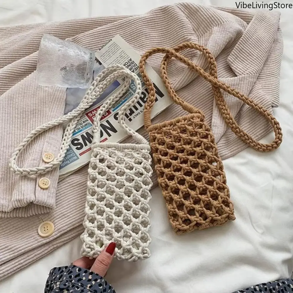 Women’s Hollow-Out Woven Crochet Mini Crossbody Phone Bag - Solid Color, Lightweight Braided Shoulder Handbag, Portable Casual Small Purse for Daily Outings, Beach Trips, Crossbody Bags for Women (Sports & Outdoor Use)
