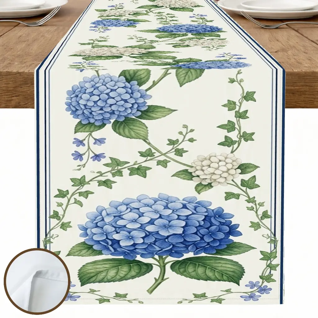 1pc Blue Hydrangea Floral Table Runner, Vintage Style, Printed Pattern with Decorative Border, for Dining Table Kitchen Decor Home Decor Spring Decor