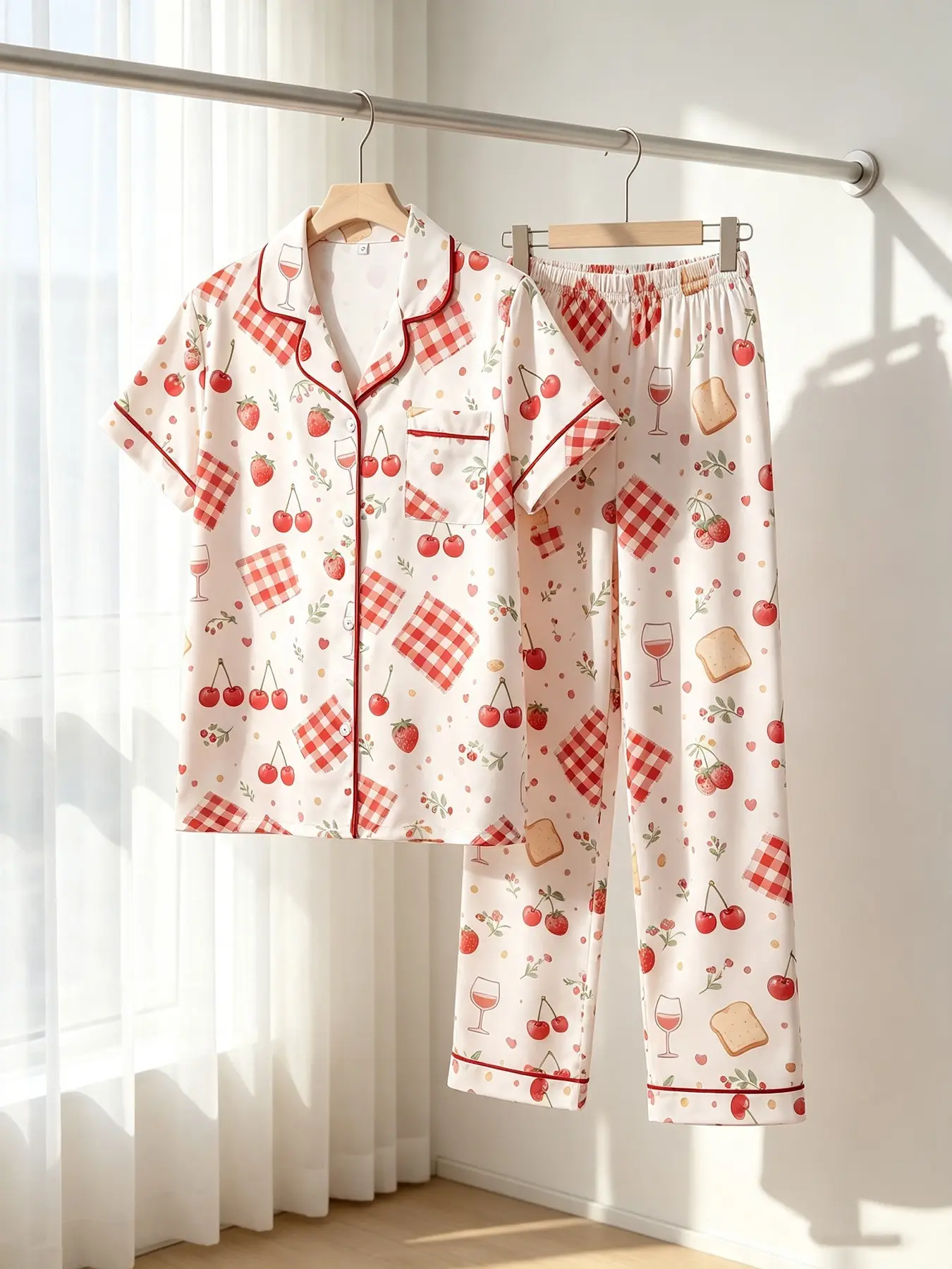 Sweet Cherry Picnic Print Pajama Set For Women, Short‑Sleeve Cardigan Top, Long Trousers, All‑season Wearable, Korean Farm Aesthetic Loungewear, Snug Indoor‑only Outfit, Sleepwear Pajamas Set