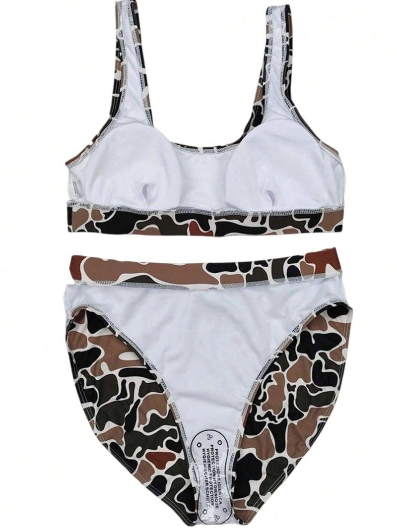 2Pcs Camo Print Sport Traning Top&Shorts Suit Set for Women Sleeveless Top & Shorts Set Summer Beach Swimwear Swimwear Summer Sleeveless Shorts Swimsuit Set Camo Brown Bathing Suit Clothing