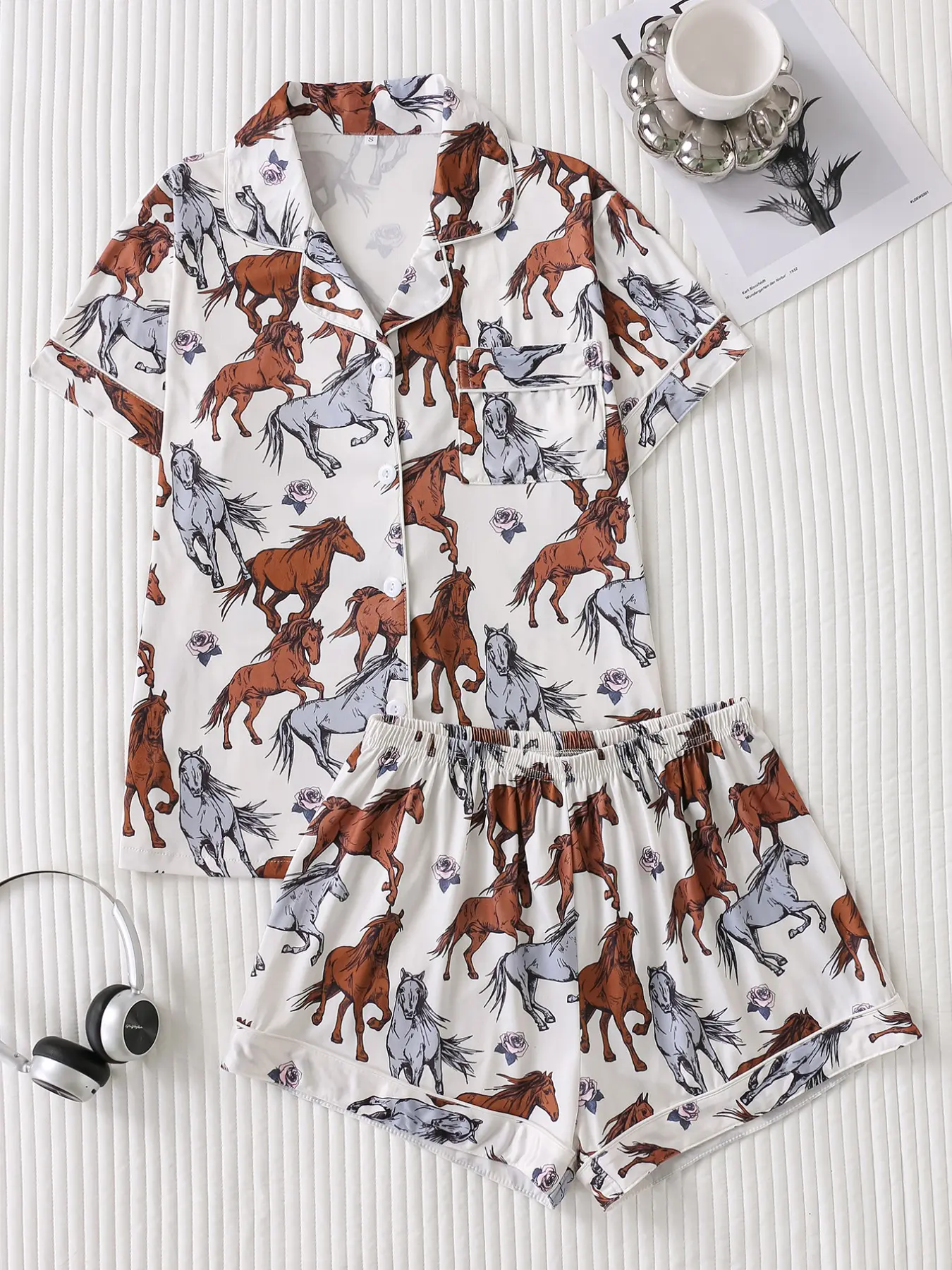 Two-Piece Horse Rose Full Print Women's Pajamas Loungewear, High-Quality Silk Fabric, Smooth Comfortable, Loose Lightweight Button Pajamas Set