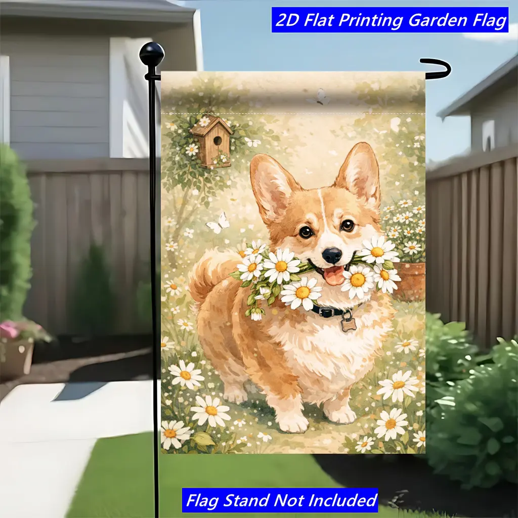 2D Flat Banner 1pc, Corgi Holding Flowers Springtime, Festive Garden Flag, Polyester Material Lawn Decor, Courtyard Outdoor Flag, Suitable for Courtyard And Terrace Decoration, Scene Decoration, Pole Not Included, Single-Sided Printing