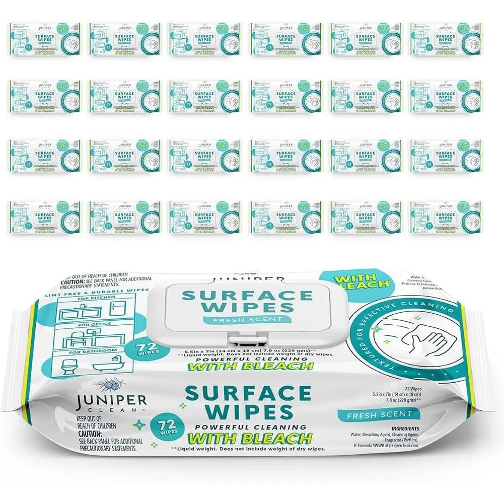 Juniper CLEAN 24 Pack Surface Cleaning Wipes with Bleach, All-Purpose Cleaner for Bathroom, Kitchen, Office, 1728 Count Soft Flow, Fresh Scent, Lint Free & Durable