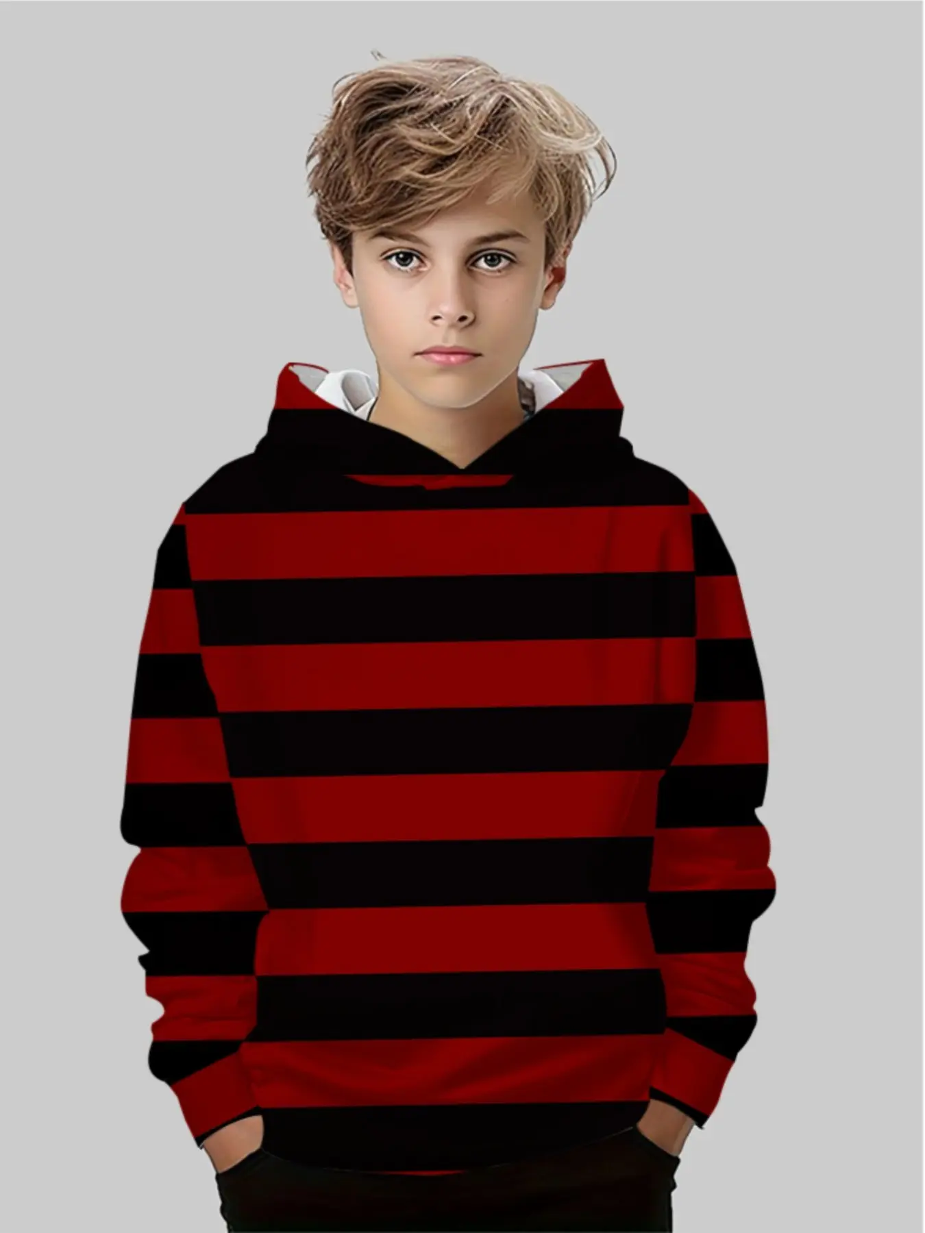 Striped Graphic Pullover Hoodie for Boys, Loose-Fitting Casual Top, Spring & Fall Clothing, Kids' Hooded Sweatshirt