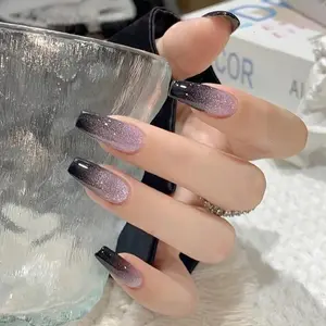 24pcs Flash Gradient Long Trapezoid False Nails, Luxury Cool Style, Rhinestone Glitter Finish, Daily Wear, Whiteening Effect