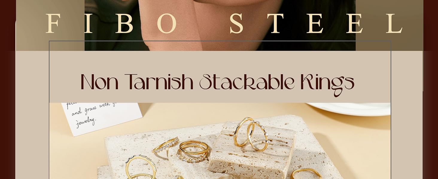 FIBO 6 Pcs 14K Gold Plated Stacking Rings for Women Dainty Cubic Zirconia Eternity Band & Vintage Wave Ring Set Hypoallergenic Non Tarnish Aesthetic Finger Jewelry for Wedding Promise Travel Size 5-10
