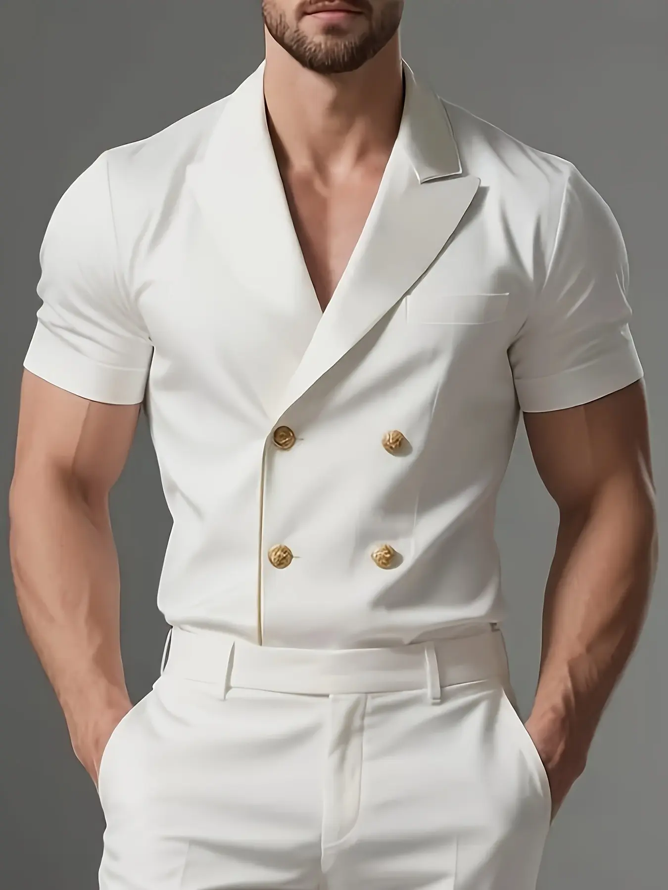 Ainwear Summer Notched Lapel Short-Sleeve Shirt, Double-Breasted Gold-Color Buttons, Men's Daily Wear Top, Stylish Casual Clothing