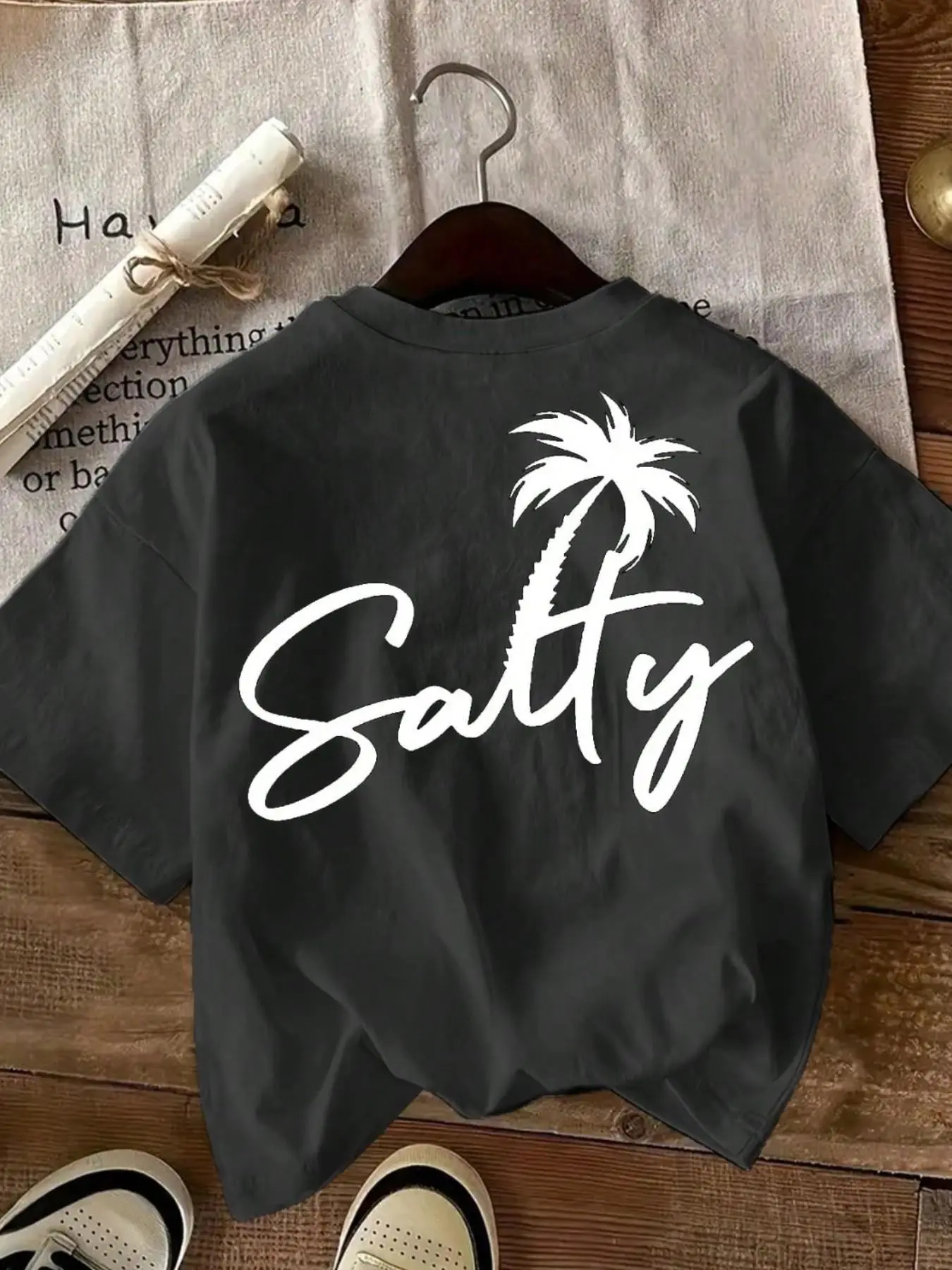 Salty Coconut Tree T-Shirt, Tiktok Trendy Beach, Loose Fit Summer Top, Minimalist Coastal Print Tee, Casual Street Fashion, Tropical, Casual Style Tee