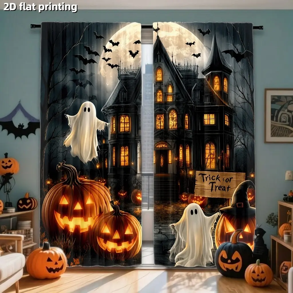 2Pcs Halloween haunted house ghost pumpkin bat curtains, digital printing, light filtering, privacy protection, suitable for living rooms, bedrooms, decoration, Home Decoration Curtain, Window Drapes.