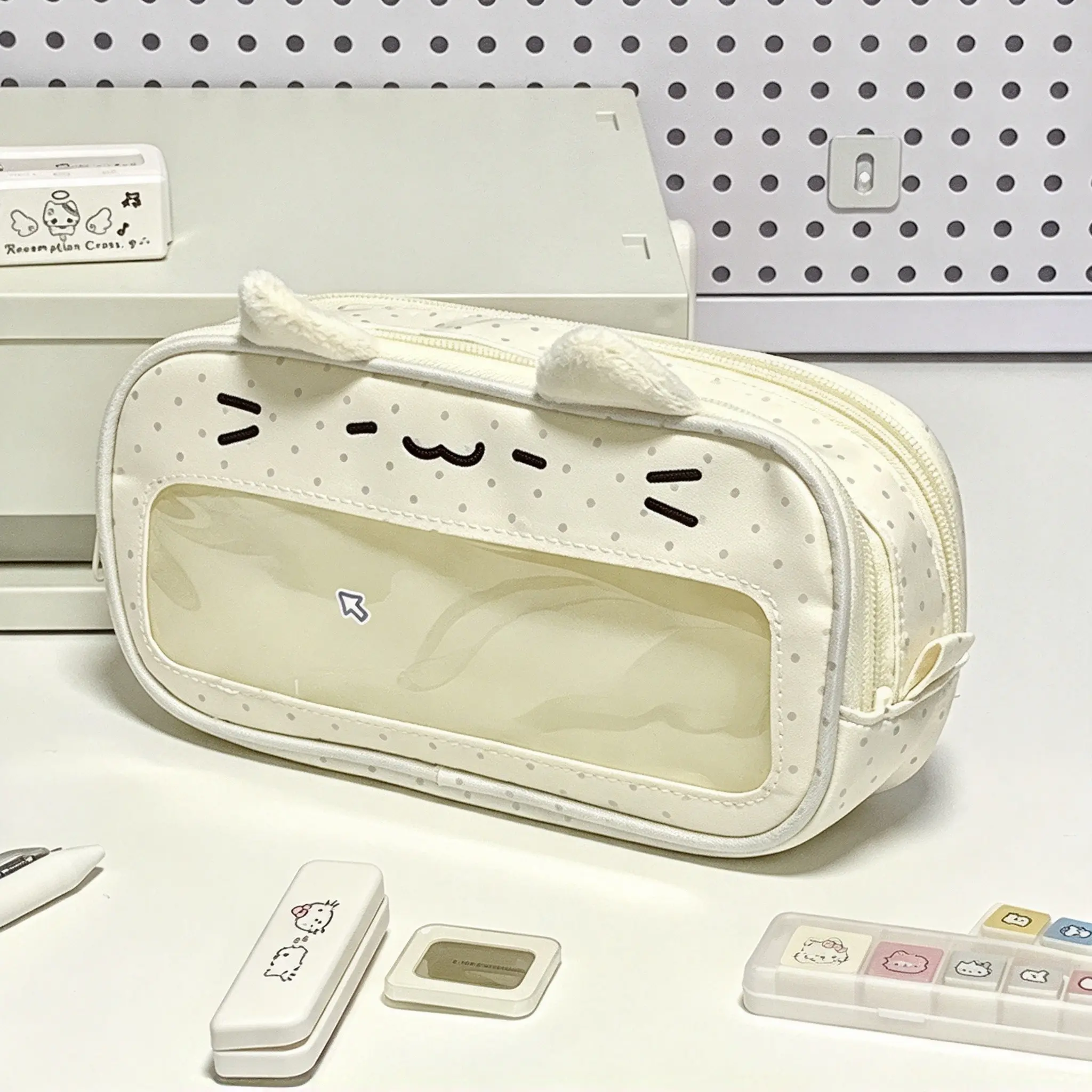 Beige Polka Dot Cat Pencil Case Cute Ins Style Large Capacity Student Stationery Organizer Cosmetic Storage Bag Durable Fabric Multi Compartment Birthday Christmas Back to School Essential Office Stationery Organizer Helper