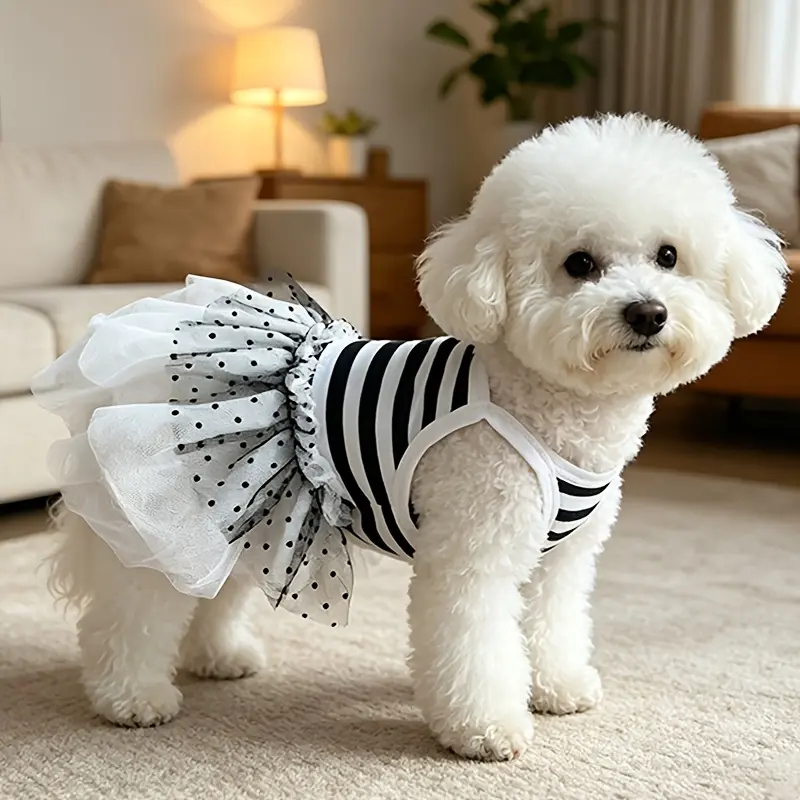 Summer Pet Clothes Dress Cartoon Teddy Schnauzer French Bulldog Pug Small Medium Dog Striped Pleated Skirt