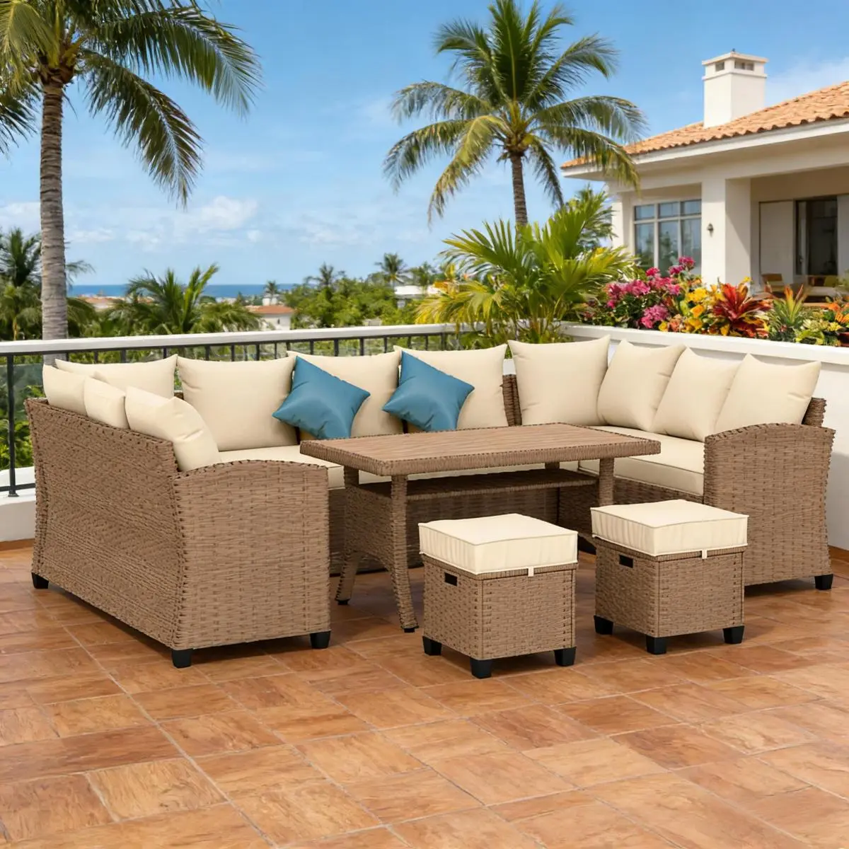 Aobtkel 6-Piece Classic All-Weather Outdoor Furniture Set - Armrest-Equipped Patio Sectional Sofa Couch with Multiple Seats and Removable Covers