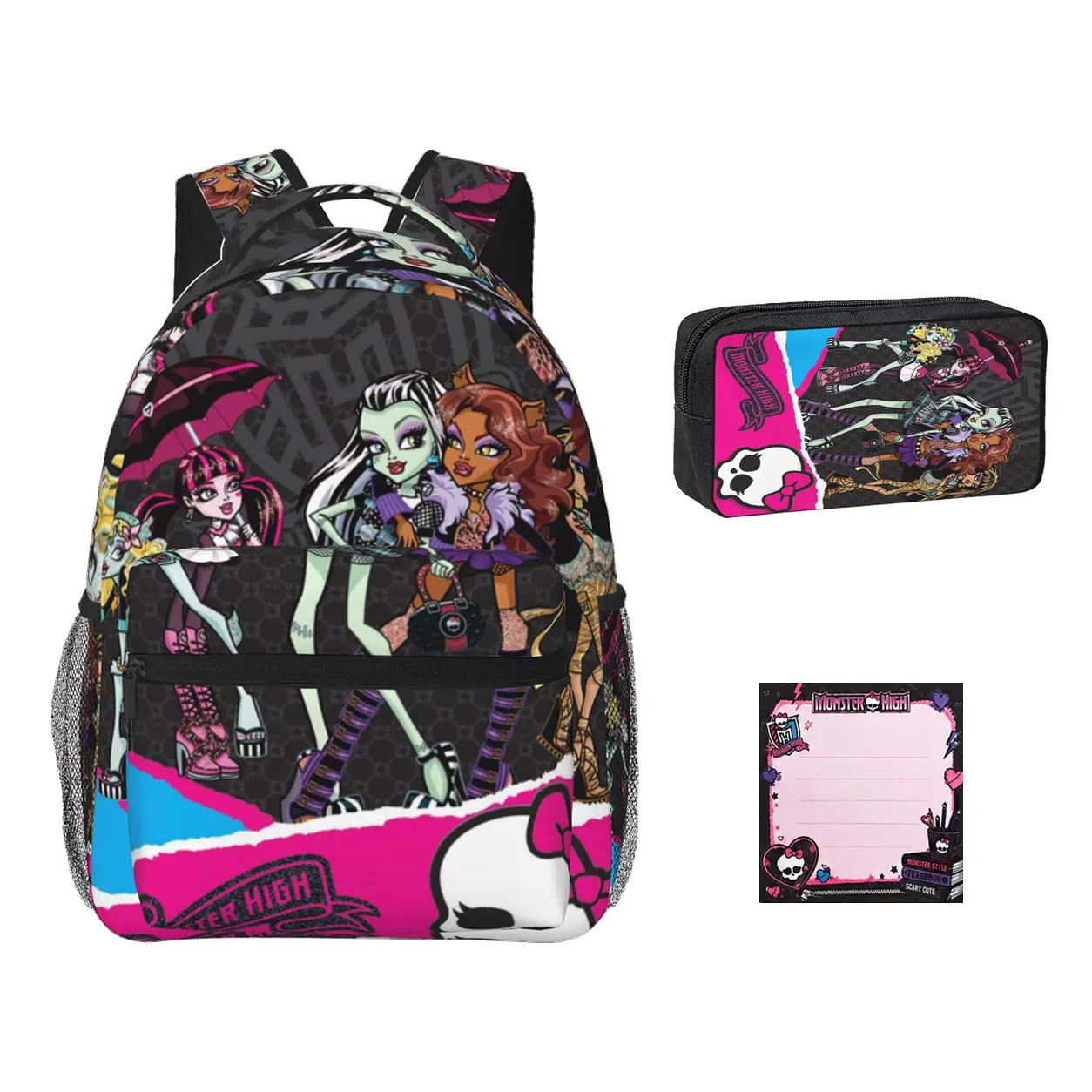 Monster High Backpack 3Pcs Set | 1 Backpack + 1 Pencil Case + 1 Sticker Note Pads |  Anime Back To School Kit  for Girls Boys Teens |  Cute Book Bag with Side Pockets for Elementary Middle School 2026