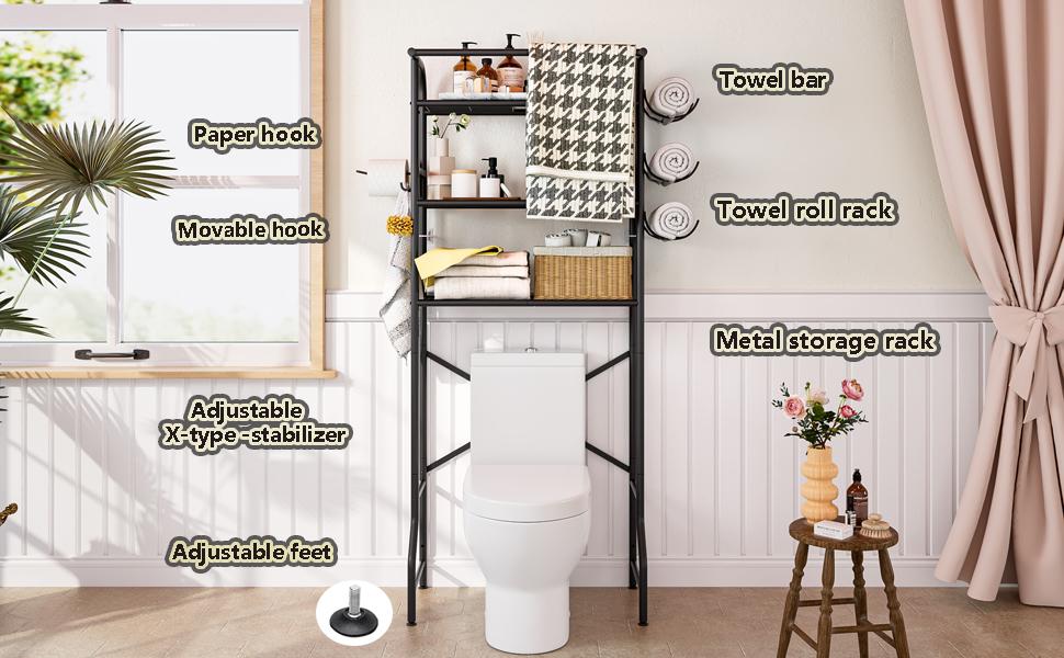 Over The Toilet Storage Metal 3 Tier Bathroom Organizer Shelf with Paper Holder Easy to Assemble & Space Saving Racks Waterproof
