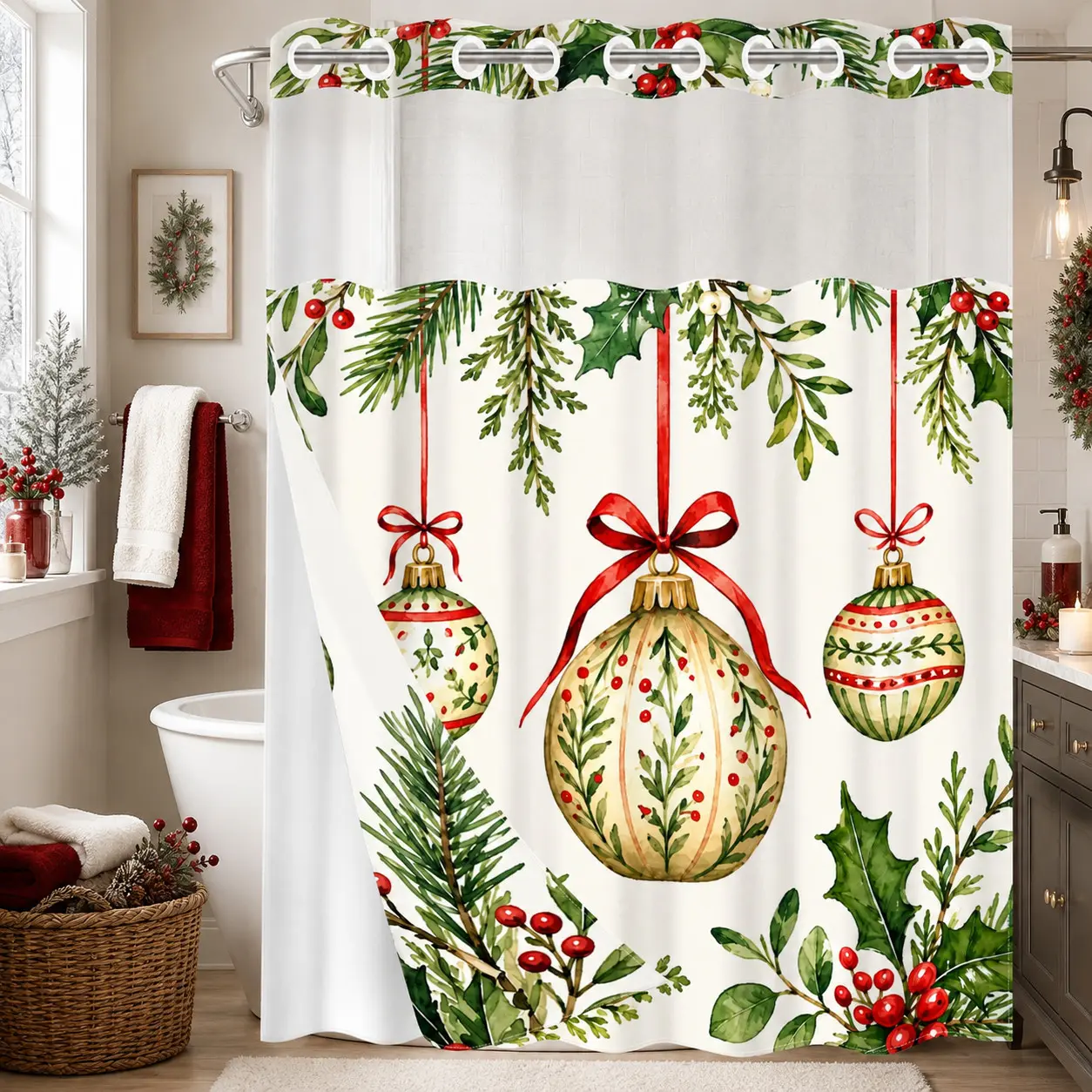 1PC 2D Flat Watercolor Christmas Ornament, Red Bow, Pine Branch, Holly Berry & Mistletoe Pattern Double-Layer Woven Shower Curtain, No Hooks, Transparent Top Window, Removable Snap-On Liner, Farmhouse Bathroom Art Decor, Christmas & Holiday Decoration
