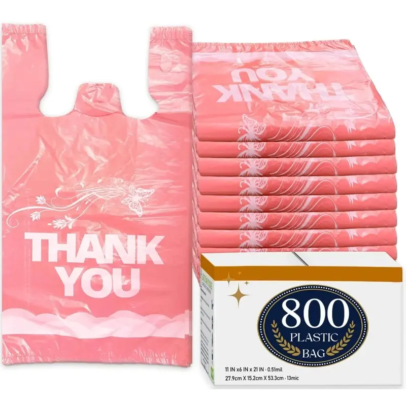 800 Pack Pink Plastic Shopping Bags with Handles, Thank You T Shirt Bags, Retail Merchandise Carry Bags for Boutique, Store & Business Use