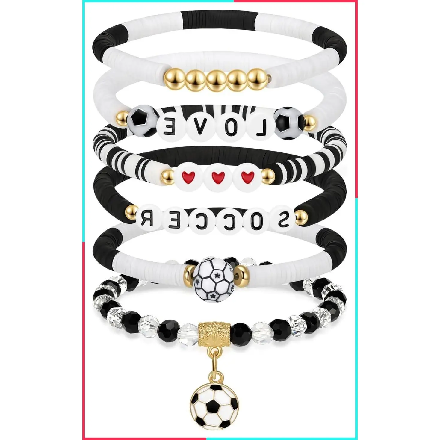 6PCS Stackable Soccer Beaded Bracelet Set for Girls - Soccer Jewelry Gifts for Players, Daughters, Teammates, Team Game Day Accessories