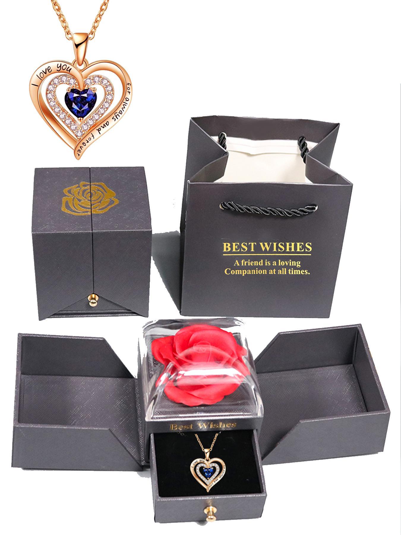 Mother's Day Rhinestone Heart Pendant Necklace Gift for Women, 'I Love You' Engraved Dainty Summer Jewelry with Flower and Gift Box