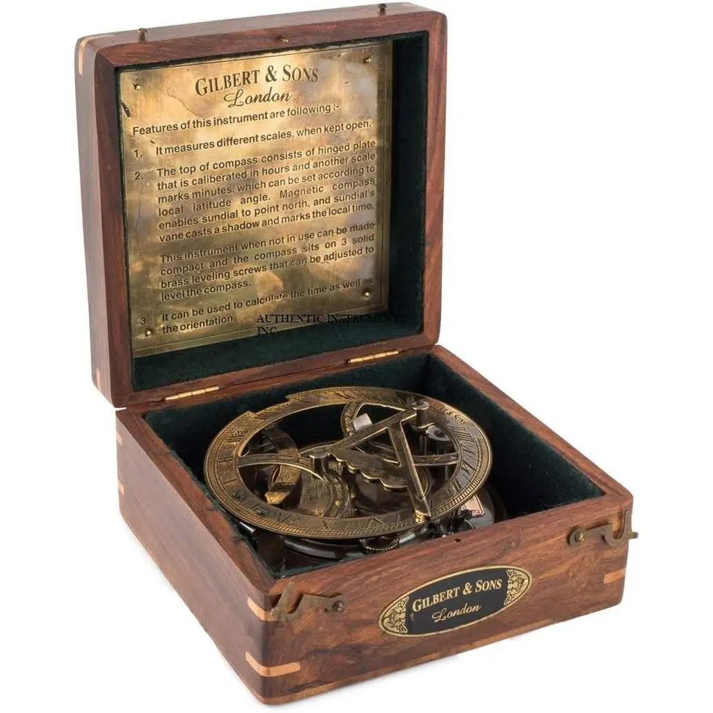 Top Grade 5-Inch Sundial Vintage Nautical Marine Compass with Wooden Box Antique Brass Sun Clock for Decoration Navigation Gifts Ship Replica Maritime