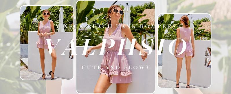 FMEYOA Womens V Neck Beach Tank Rompers Flowy Ruffle Layered Shorts Jumpsuit High Waist