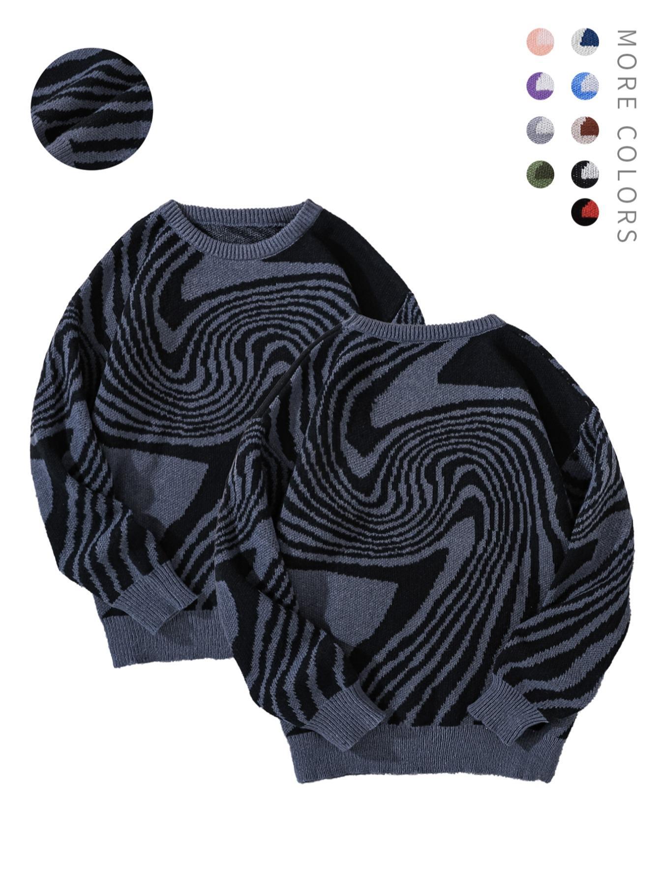 Men's All Over Print Contrast Binding Long Sleeve Sweater, Regular Fit Casual Drop Shoulder Crew Neck Jumper, Stylish Men's Jacquard Knitwear Top For Daily Wear