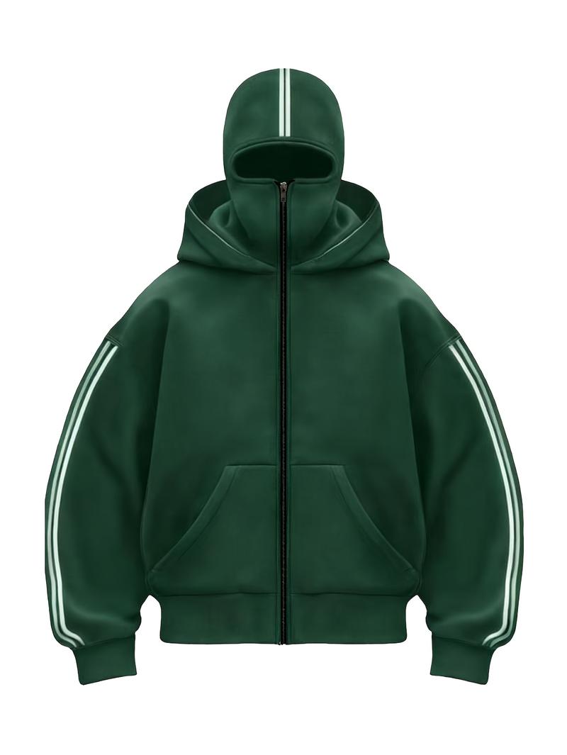 1pc TNZI men's full zipper windproof mask hoodie long-sleeved jacket versatile and fashionable urban style, with zippers and pockets - warm, windproof and durable, suitable for daily or outdoor autumn/winter wear