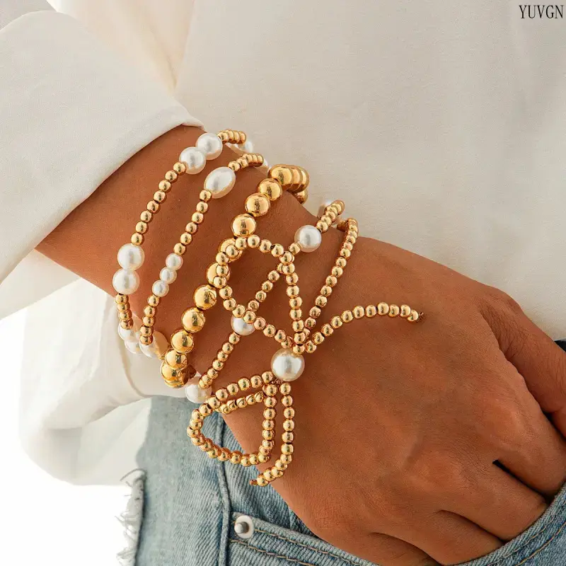 Women's Oversized Round Bead Stackable Bracelet Set - Elegant French Trendy Layering Jewelry, Versatile Indoor Recreation Accessory for Daily, Party Wear