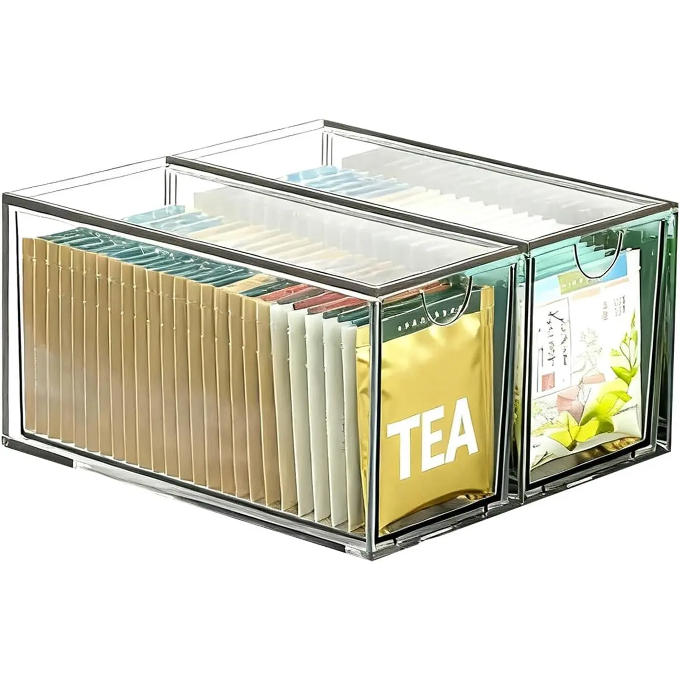 2 Pack Stackable Clear Acrylic Tea Bag Storage Organizer Drawers, Tea Bag Holder for Cabinet Drawer Pantry Countertop, Kitchen Tea Storage Container