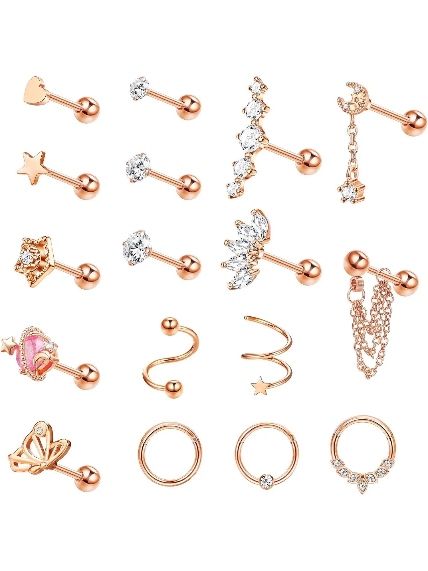 17PCS 16G Hypoallergenic Surgical Steel Cartilage Piercing Jewelry Set for Women Men, CZ Opal Chain Dangle Screw Back Studs Hoops for Helix Daith Conch Tragus Multi Piercings Gift