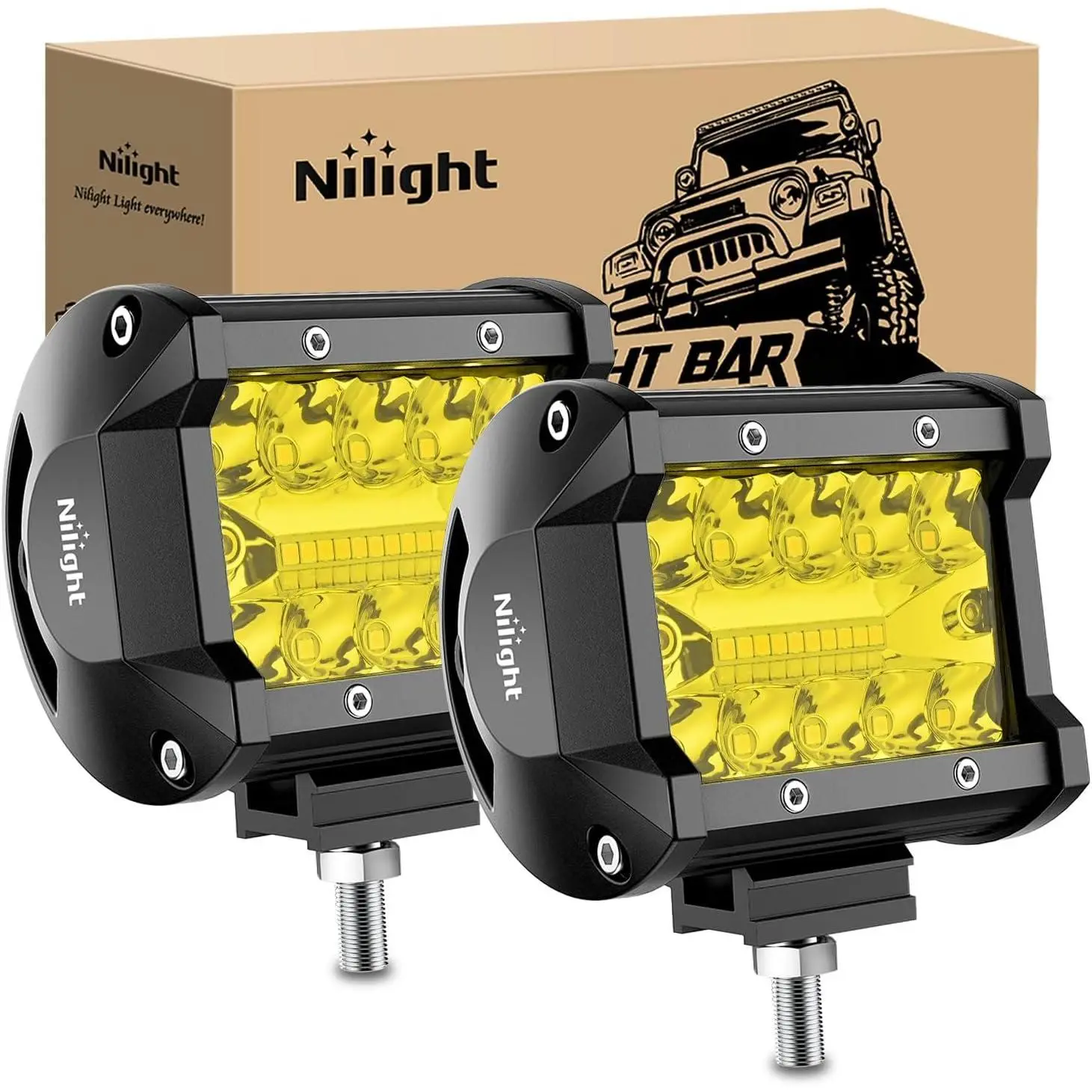 Nilight 4-Inch Yellowbeam LED Light Pods (2PCS) - Triple Row, 60W Spot&Flood Combo, 6063 Aluminum Profile, 9-30V DC Offroad Work Lights for Trucks, Motorcycle, ATV, Camper, Outdoors Night Ride