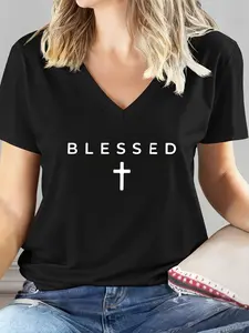Women's Cross and Blessed Print V Neck Short Sleeve T-Shirt, Fashion Breathable, Spring Summer Clothing